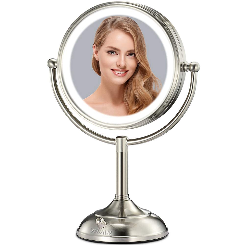 VESAUR 10" Extra Large and 17" Tall Lighted Makeup Mirror, 1X/5X Magnifying Vanity Mirror with 3 Colors Dimmable, 62 Premium LED Lights, 360ยฐ Rotation Table Mirror 2 Power Supply, Pearl Nickel