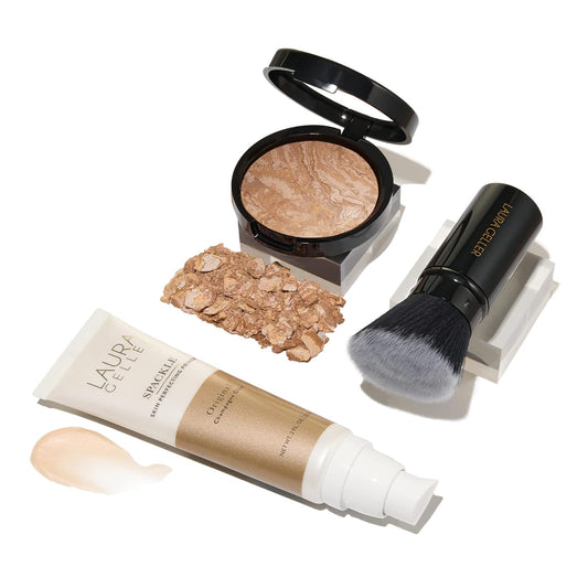 LAURA GELLER NEW YORK Everyday Routine Kit - Baked Balance-N-Brighten Color Correcting Powder Foundation, Medium + Retractable Angled Kabuki + Spackle Makeup Primer, Champagne Glow (3 PC)